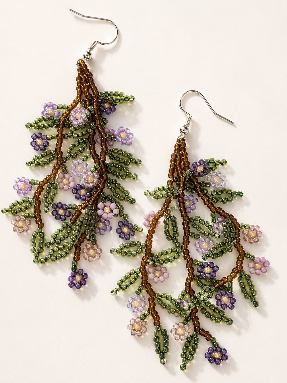 Beaded Floral Vine Drop Earrings - Green & Purple
